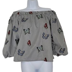 Zara Basics Off Shoulder Top Large Multicolor Striped Embroidered Butterfly Boho